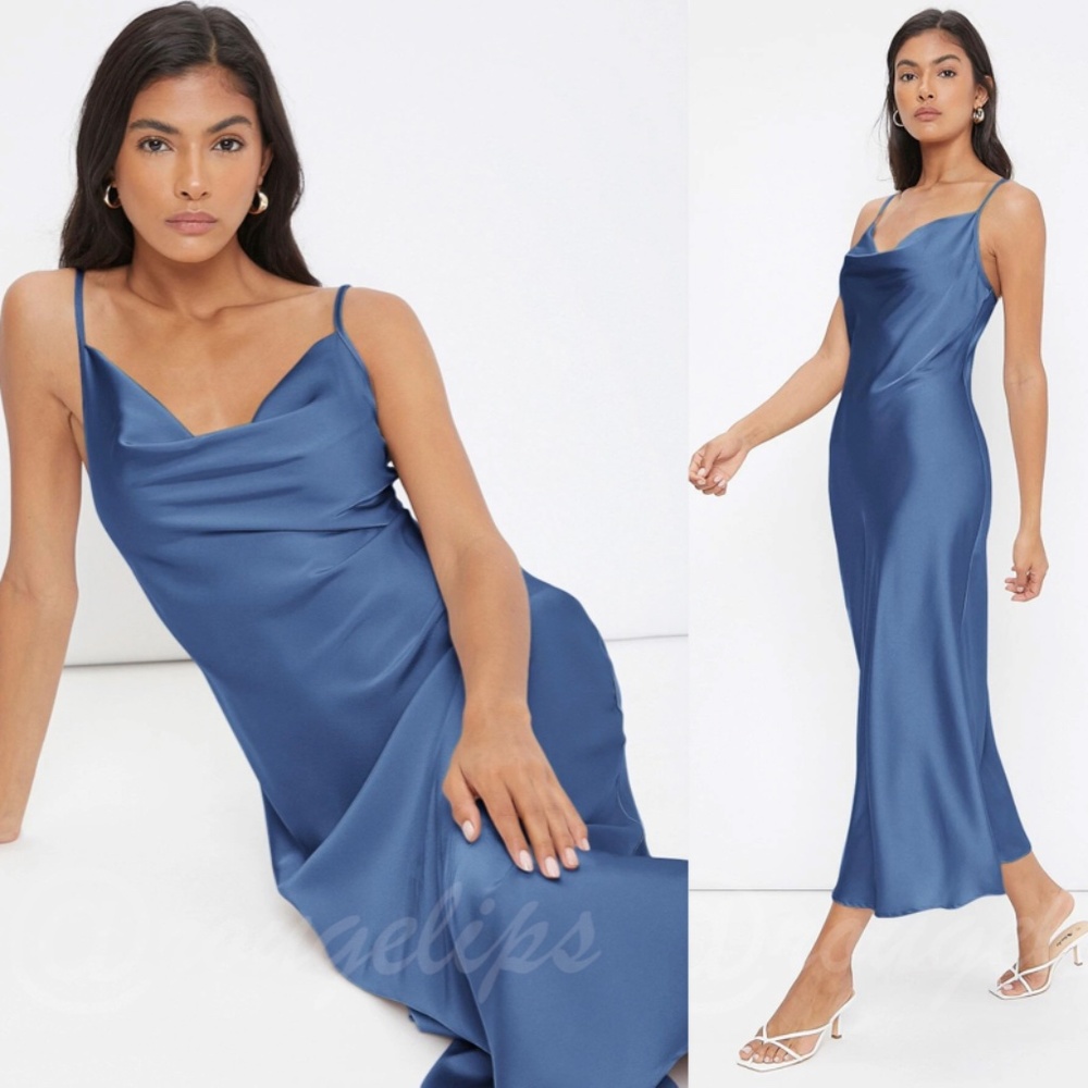 Rouge! Satin Cowl Neck Midi Slip Dress in Steel Blue
